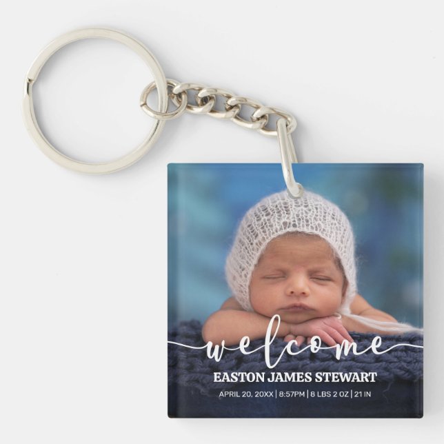 Minimalist Photo Baby Birth Announcement Keychain (Front)