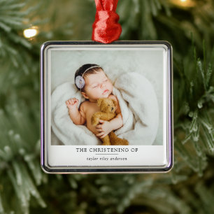 Minimalist Photo Baptism Christening  Metal Ornament