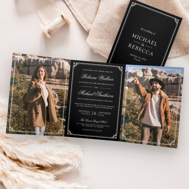 Minimalist Photo Black and White QR Code Wedding Tri-Fold Invitation (Creator Uploaded)