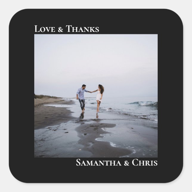 Minimalist Photo Black Love & Thanks Wedding Square Sticker (Front)