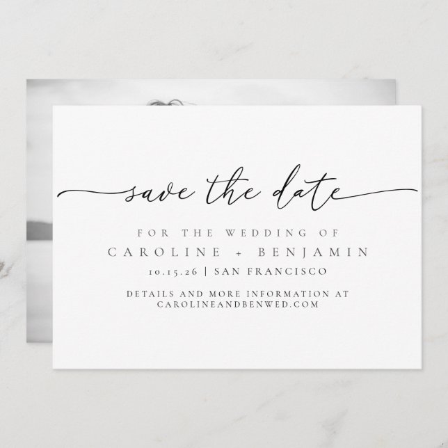 Minimalist Photo Black White Script Wedding Save The Date (Front/Back)