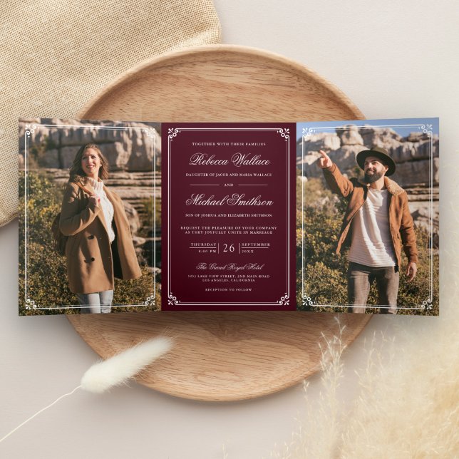 Minimalist Photo Burgundy White QR Code Wedding Tri-Fold Invitation (Creator Uploaded)