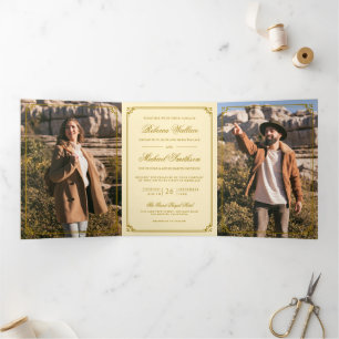 Minimalist Photo Butter Yellow QR Code Wedding Tri-Fold Invitation