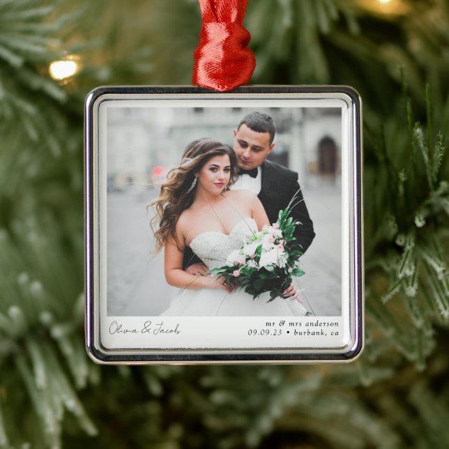 Minimalist Photo Calligraphy Wedding Metal Ornament (Tree)