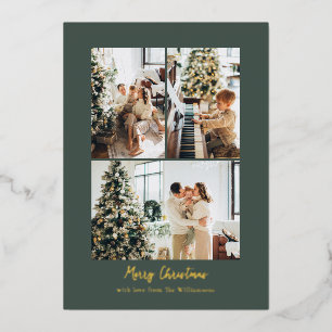 Minimalist Photo Collage Christmas Chic Green Gold Foil Holiday Card