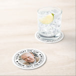 Minimalist Photo Custom Text Colours Round Paper Coaster<br><div class="desc">Minimalist Photo Custom Text Colours Paper Coasters. Create simple personalized paper coasters for any occasion or event with your photo and custom text in your choice of text and background colours (shown in black on white). ASSISTANCE: For help with design modification, transferring the design to another product or if you...</div>