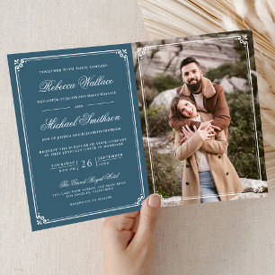 Minimalist Photo Dusty Blue White QR Code Wedding Invitation