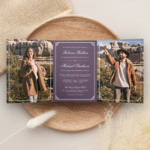 Minimalist Photo Dusty Purple QR Code Wedding Tri-Fold Invitation