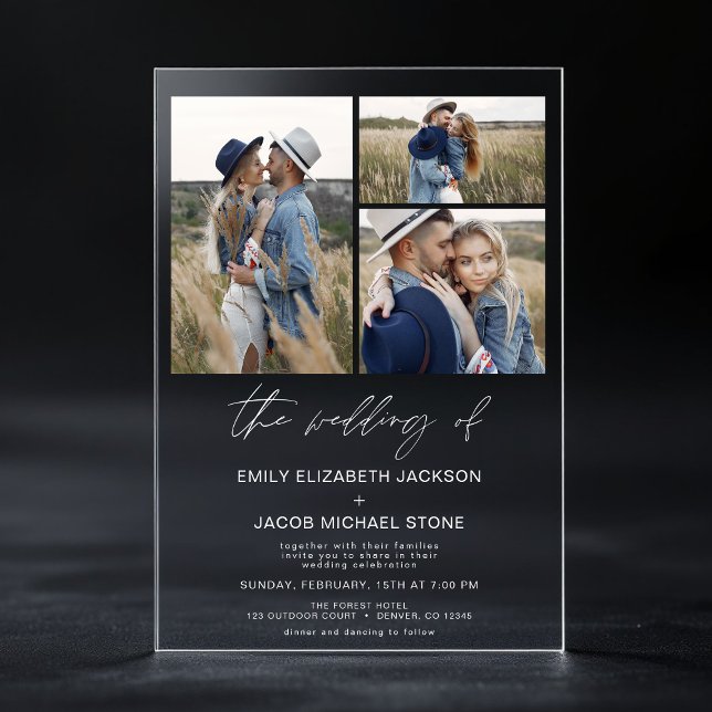 Minimalist Photo Elegant Modern Wedding 3 Photo Acrylic Invitations (Creator Uploaded)