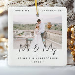 Minimalist Photo First Christmas as Mr & Mrs Gray Ceramic Ornament<br><div class="desc">Celebrate your first Christmas as a married couple with this modern minimalist photo keepsake ornament. The charcoal gray text reads "Our first Christmas as Mr & Mrs, " with the words "Mr & Mrs" in trendy handwriting script. Easily replace the sample image with your favorite photo, and add your names...</div>