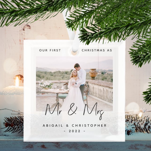 Minimalist Photo First Christmas as Mr & Mrs Grey Glass Ornament (Creator Uploaded)