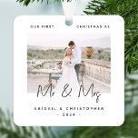 Minimalist Photo First Christmas as Mr & Mrs Grey Metal Ornament<br><div class="desc">Celebrate your first Christmas as a married couple with this modern minimalist photo keepsake ornament. The charcoal grey text reads "Our first Christmas as Mr & Mrs, " with the words "Mr & Mrs" in trendy handwriting script. Easily replace the sample image with your favourite photo, and add your names...</div>