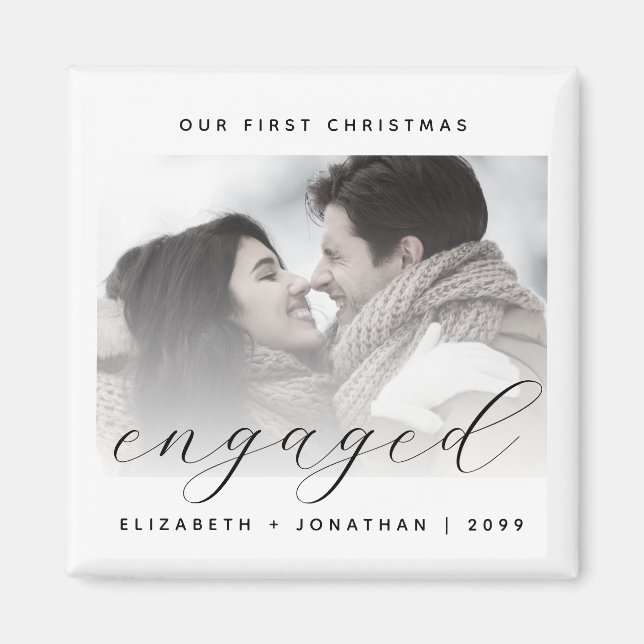 Minimalist Photo First Christmas Engaged Script Magnet (Front)