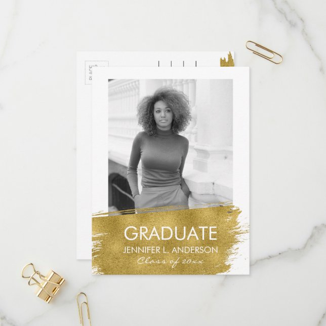 Minimalist Photo Graduation Announcement Postcard (Front/Back In Situ)