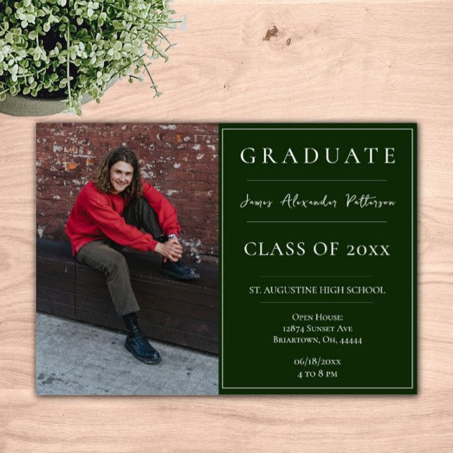 Minimalist Photo Graduation Open House | Emerald Invitation (Emerald Green Minimalist Photo Graduation Open House Invitation)