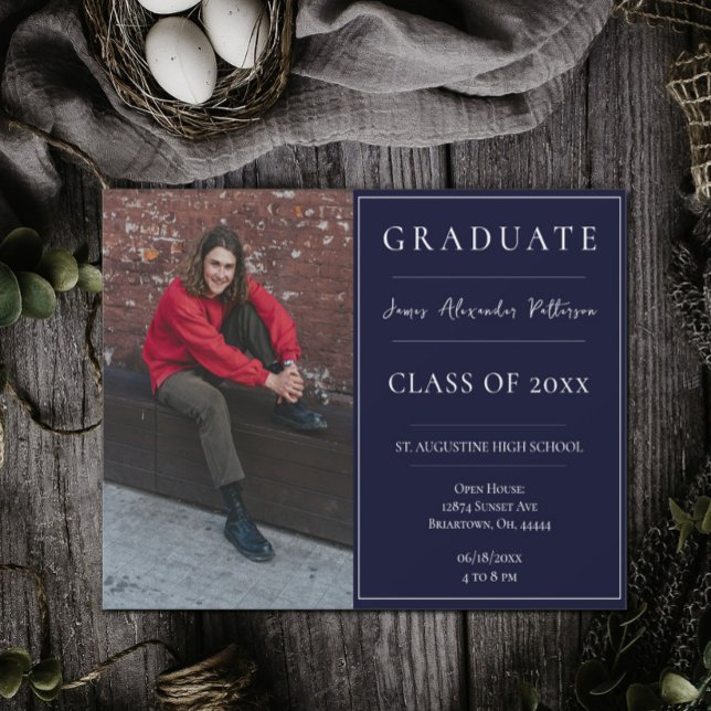 Minimalist Photo Graduation Open House | Navy Invitation (Navy Blue Minimalist Photo Graduation Open House Invitation)
