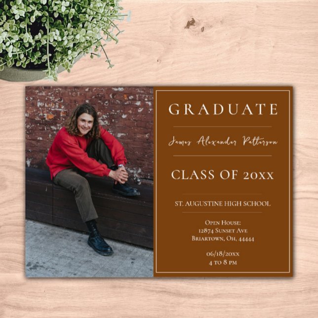 Minimalist Photo Graduation Open House | Orange Invitation (Burnt Orange Minimalist Photo Graduation Open House Invitation)