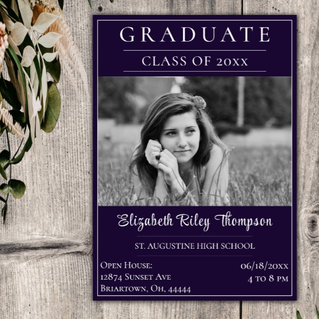 Minimalist Photo Graduation Open House | Purple Invitation (Purple Minimalist Photo Graduation Open House Invitation)