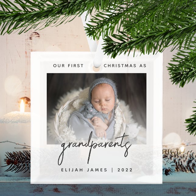 Minimalist Photo Grandparents 1st Christmas Gray Glass Ornament (Creator Uploaded)