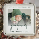 Minimalist Photo Grandparents 1st Christmas Green Metal Ornament<br><div class="desc">Help them celebrate the arrival of their first grandchild with this modern minimalist photo keepsake ornament. The dark green text reads "Our first Christmas as grandparents, " with the word "grandparents" in trendy handwriting script. Easily replace the sample image with your favourite photo, and add baby's name and the year...</div>