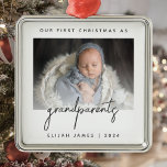 Minimalist Photo Grandparents 1st Christmas Grey Metal Ornament<br><div class="desc">Help them celebrate the arrival of their first grandchild with this modern minimalist photo keepsake ornament. The charcoal grey text reads "Our first Christmas as grandparents, " with the word "grandparents" in trendy handwriting script. Easily replace the sample image with your favourite photo of the new baby, and add his...</div>