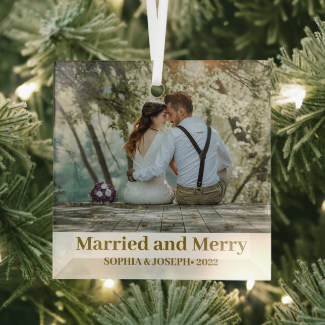 Minimalist Photo merry and married Newlywed  Glass Ornament (Insitu)