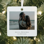 Minimalist Photo Modern Christmas Metal Ornament<br><div class="desc">Modern Christmas ornament featuring a simple and minimalist layout with "merry christmas" underneath your favourite photo.</div>