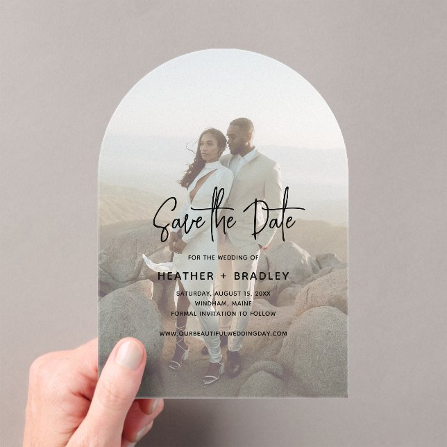 Minimalist Photo Modern Wedding Save the Date Acrylic Invitations (Insitu (Handheld))