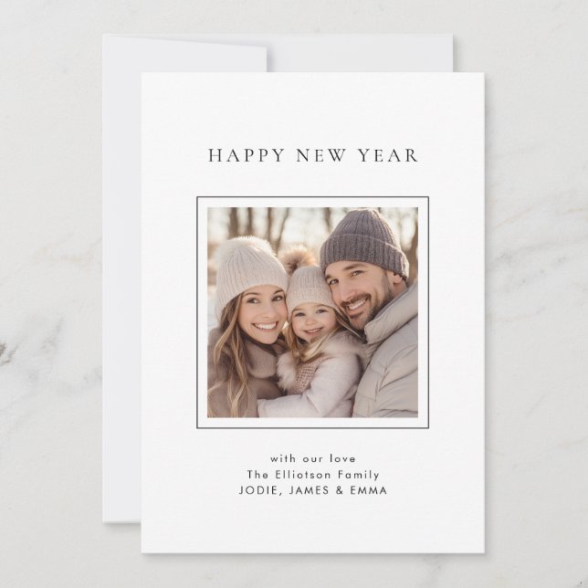 Minimalist Photo Name Happy New Year Holiday Card (Front)