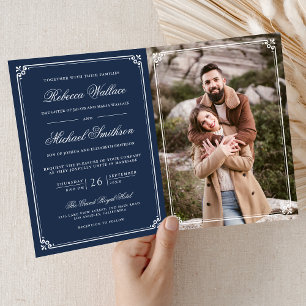 Minimalist Photo Navy Blue White QR Code Wedding Invitation