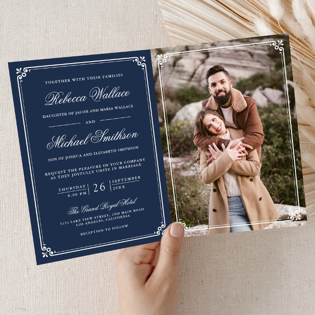 Minimalist Photo Navy Blue White QR Code Wedding Invitation (Creator Uploaded)
