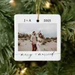 Minimalist Photo Ornament | Merry & Married Photo<br><div class="desc">This minimalist Christmas holiday ornament features your wedding photos and modern calligraphy. A beautiful keepsake for your first Christmas as a married couple!</div>