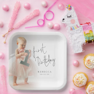 Minimalist Photo Overlay Script 1st Birthday Paper Plate
