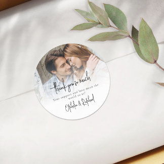 Minimalist Photo Overlay Script Wedding Thank You Classic Round Sticker