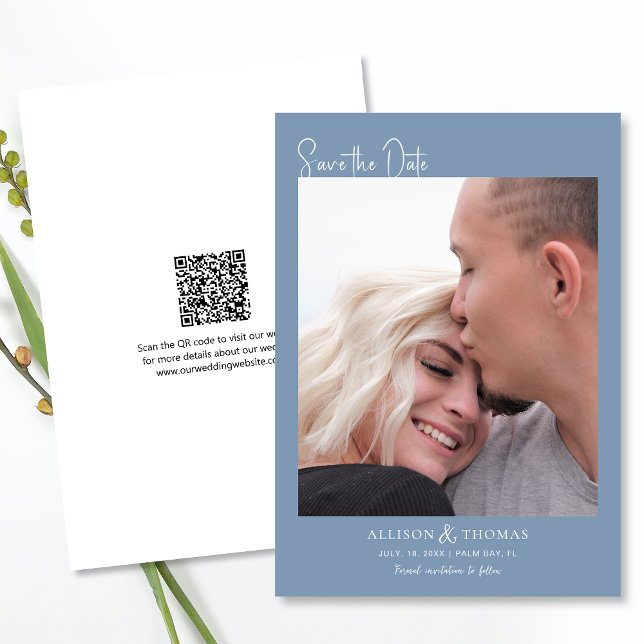 Minimalist Photo QR Code Dusty Blue Save The Date Invitation (The QR code makes it easy for guests to visit your website for more details about your wedding.)