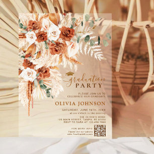 Minimalist Photo QR Code Floral Graduation  Acrylic Invitations