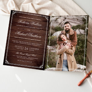 Minimalist Photo Rustic Barn Wood QR Code Wedding Invitation
