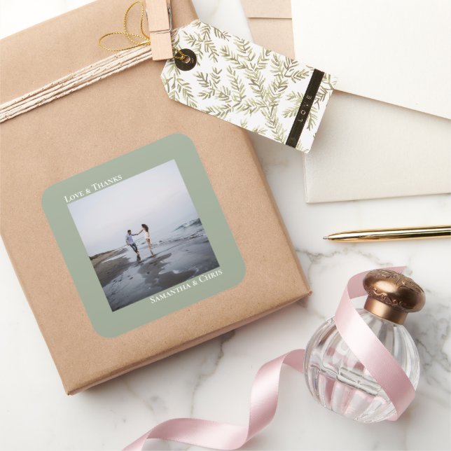Minimalist Photo Sage Green Love & Thanks Wedding Square Sticker (Gifting)