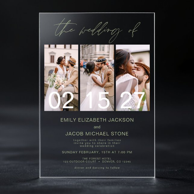 Minimalist Photo Sage Green Wedding 3 Photo Acrylic Invitations (Creator Uploaded)
