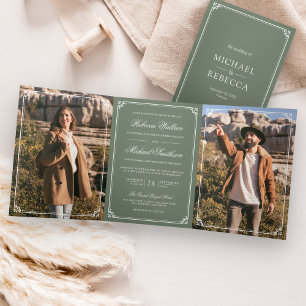 Minimalist Photo Sage Green White QR Code Wedding Tri-Fold Invitation