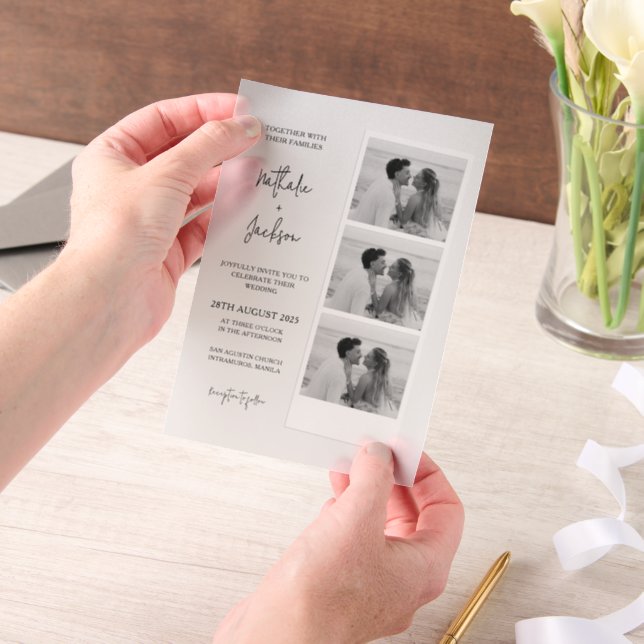 Minimalist Photo Strip Script Wedding  Vellum Invitations (Handheld)
