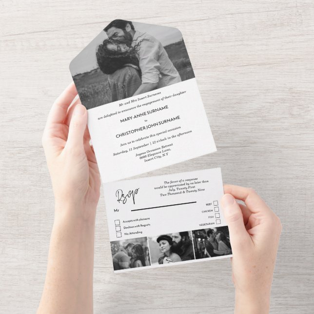 Minimalist photo wedding engagement couples BW All In One Invitation (Tearaway)