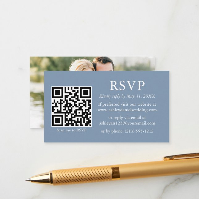 Minimalist Photo Wedding QR RSVP Dusty Blue Enclosure Card (Front/Back In Situ)