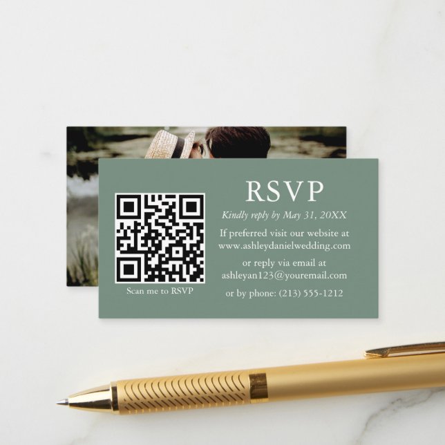 Minimalist Photo Wedding QR RSVP Sage Green Enclosure Card (Front/Back In Situ)