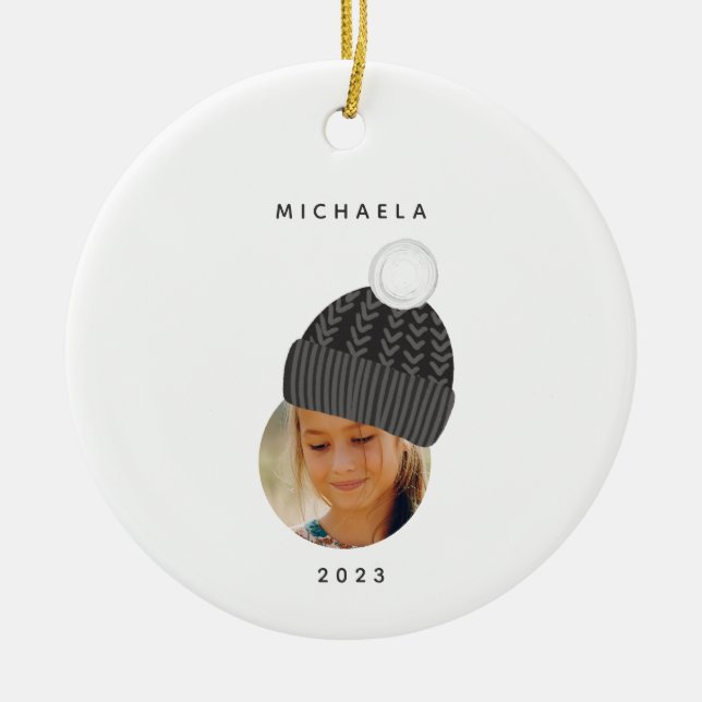 Minimalist Photo with Black Hat Christmas Ceramic Ornament (Front)
