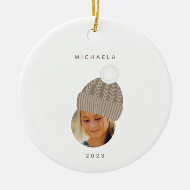 Minimalist Photo with Taupe Hat Christmas Ceramic Ornament (Front)