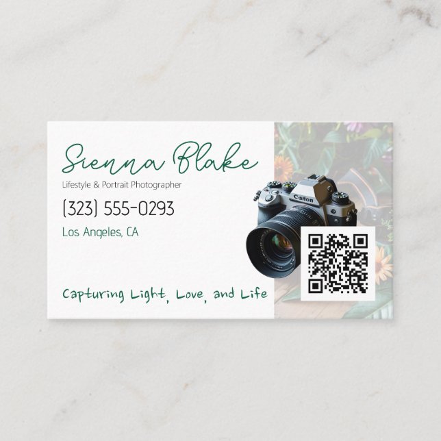 Minimalist Photographer QR Code & Camera Graphic Business Card (Front)