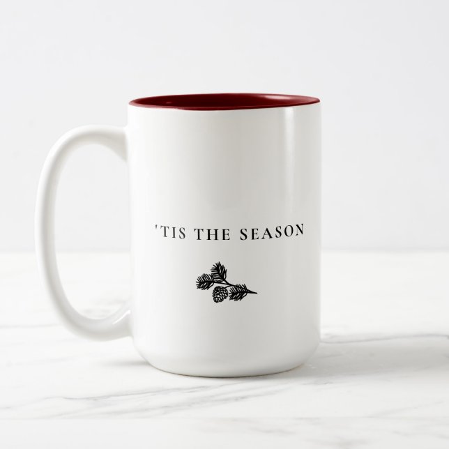 Minimalist Pine Branch Christmas – ’Tis The Season Two-Tone Coffee Mug (Left)
