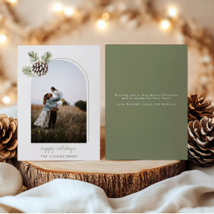 Minimalist Pine Cone & Leaves Double Arch Photo Holiday Card