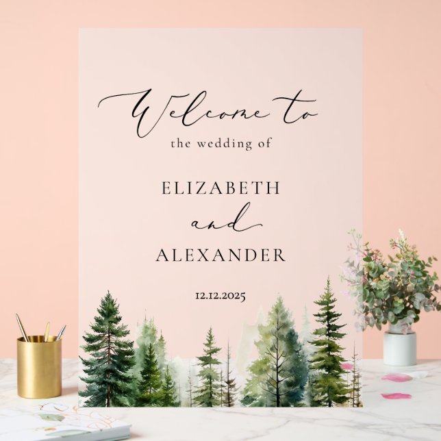 Minimalist pine tree forest Wedding Welcome  Acrylic Sign (Wedding)